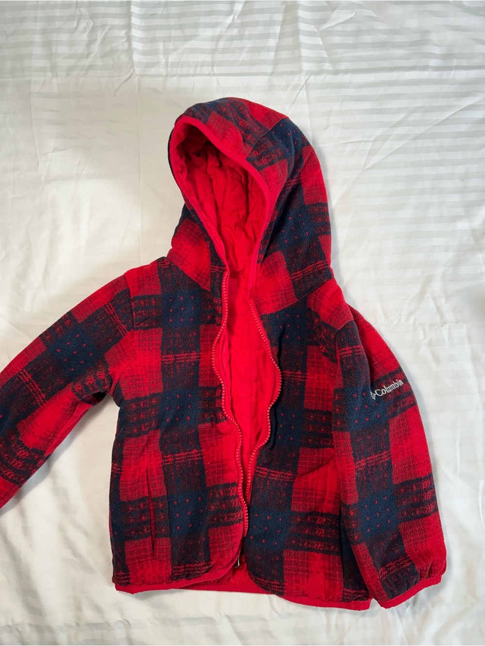 Columbia Red and Navy Plaid Hooded Fleece Jacket for Kids